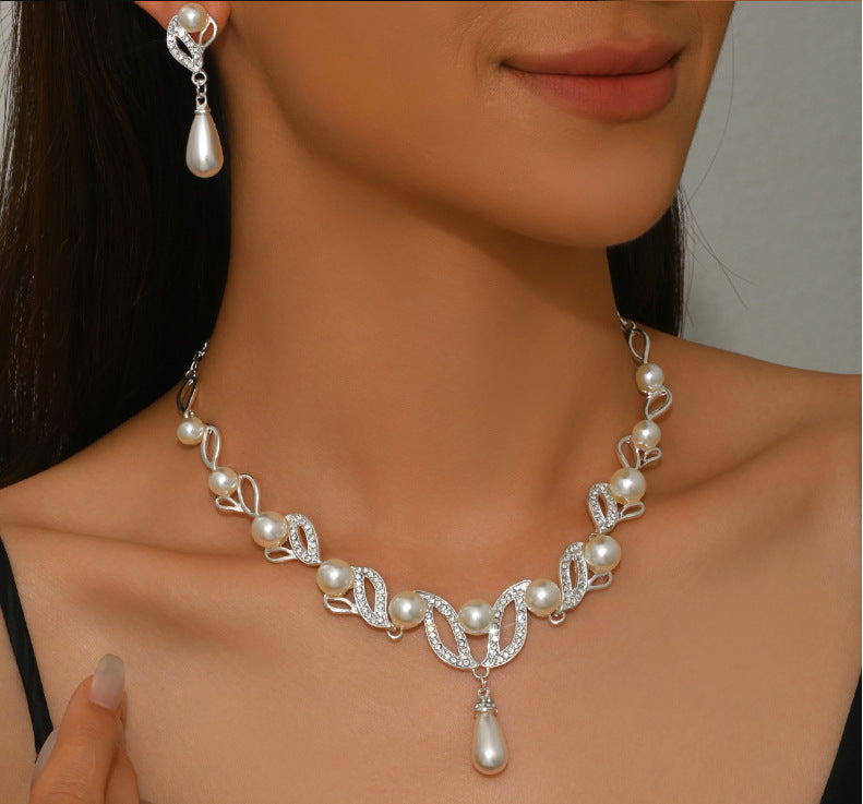Pinduoduo Cross-border Pearl Women's Fashion Elegant Alloy Drop Bridal Dress Accessories Necklace Earrings suit