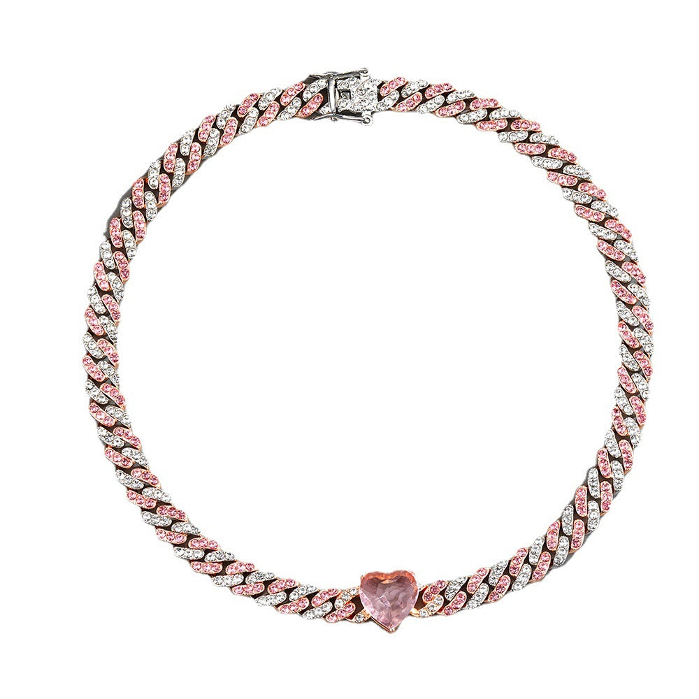 Women's 9mm Full Diamond Hip Hop Cuban Chain Two-Color Peach Heart Personality Fashion Brand Summer Anklet PP Same Style Bracelet Necklace
