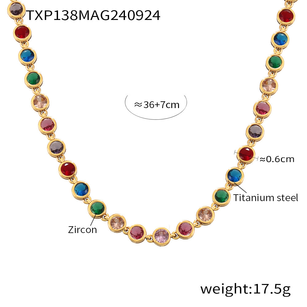 Steel Plated 18K Gold Colorful Round Bead Zircon Necklace Bracelet Super Flash Jewellery Set.