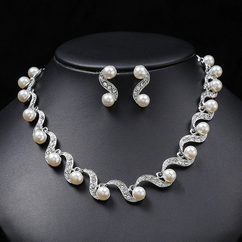 Pinduoduo Cross-border Pearl Women's Fashion Elegant Alloy Drop Bridal Dress Accessories Necklace Earrings suit