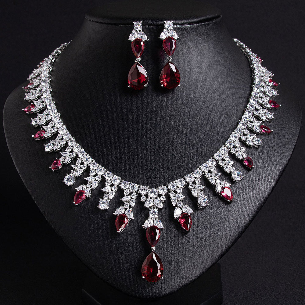 Luxury Dinner Dress Jewelry Red Zircon Necklace suit High-end Wedding Micro-inlay Bridal Wedding Earrings Jewelry