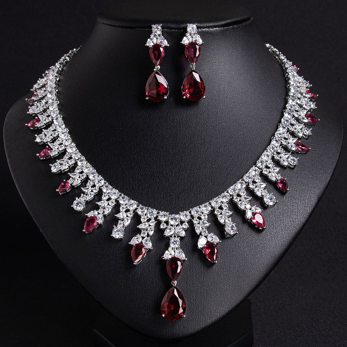 Luxury Dinner Dress Jewelry Red Zircon Necklace suit High-end Wedding Micro-inlay Bridal Wedding Earrings Jewelry