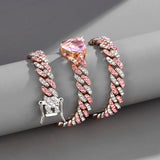 Women's 9mm Full Diamond Hip Hop Cuban Chain Two-Color Peach Heart Personality Fashion Brand Summer Anklet PP Same Style Bracelet Necklace