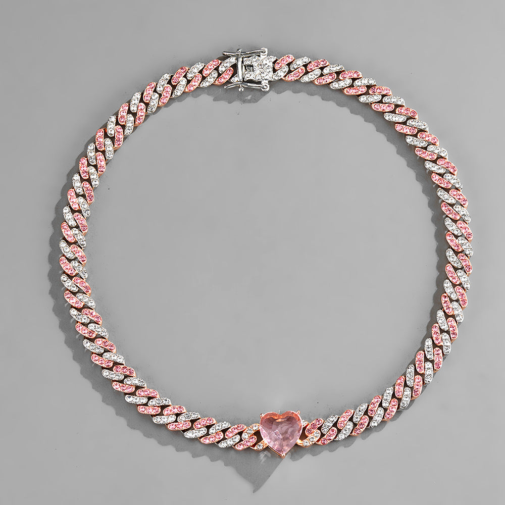 Women's 9mm Full Diamond Hip Hop Cuban Chain Two-Color Peach Heart Personality Fashion Brand Summer Anklet PP Same Style Bracelet Necklace