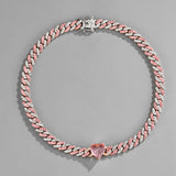 Women's 9mm Full Diamond Hip Hop Cuban Chain Two-Color Peach Heart Personality Fashion Brand Summer Anklet PP Same Style Bracelet Necklace