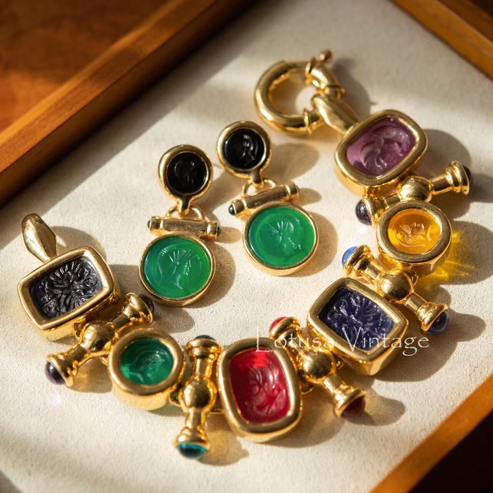 Antique Jewelry Glass Cameo Enamel Gorgeous Bracelet Earrings set Plated Craft design.