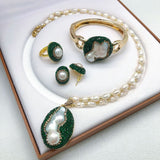 Natural Baroque Pearl Green Czech Diamond suit, Light Luxury Four-piece Jewellery.