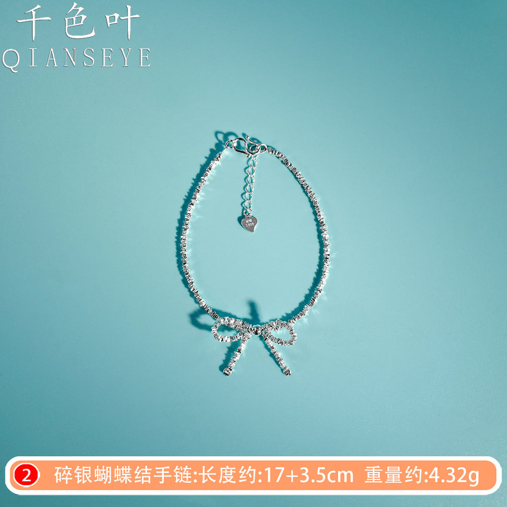 Foot Silver 999 Broken Silver Bow Necklace Korean Niche Design Broken Silver Bow Necklace Clavicle Chain Necklace Chain