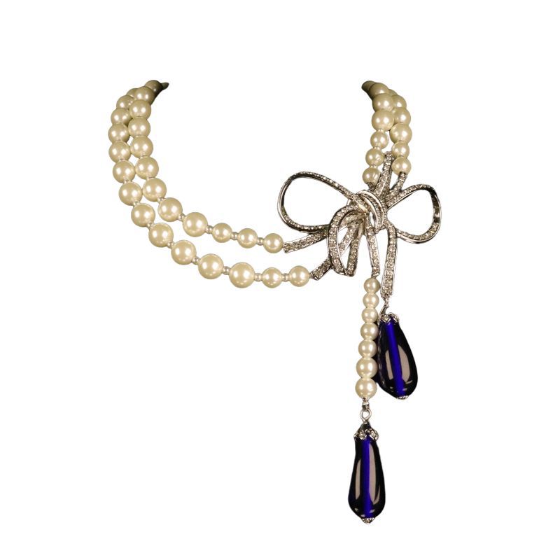 luxury personalized bowknot dense Diamond full copper glass pearl necklace and earring jewellery set.