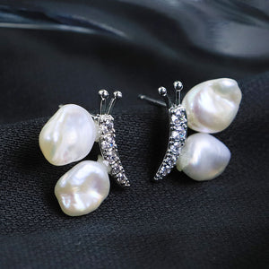 Natural pearl butterfly zircon sterling silver earrings