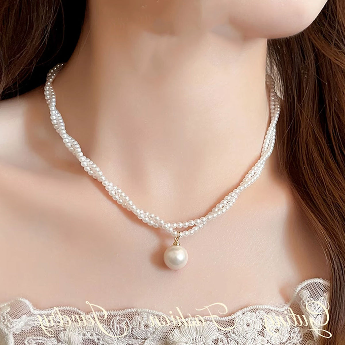 2025 New Water Drop-Shaped Double-Layer Pearl Necklace Versatile Temperament Trendy Choker European and American Minimalist Style Collarbone Chain