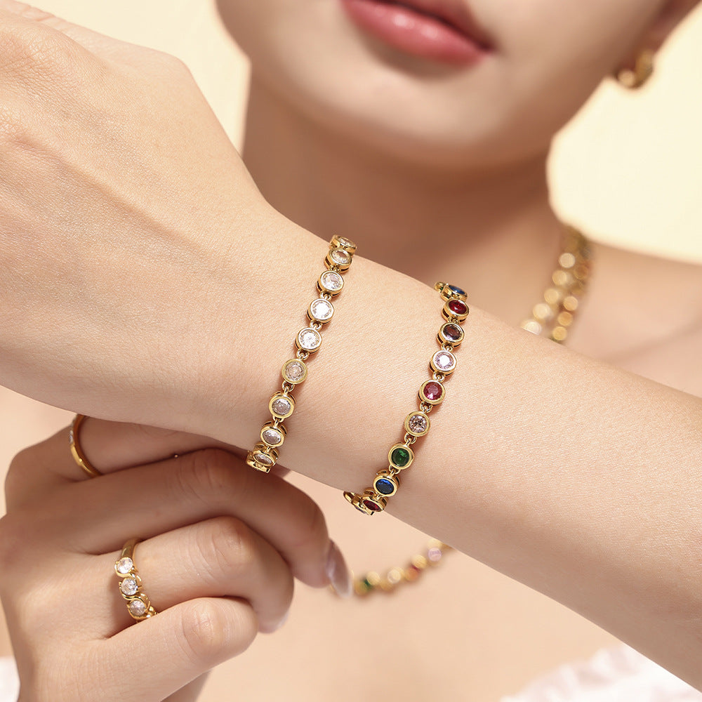 Steel Plated 18K Gold Colorful Round Bead Zircon Necklace Bracelet Super Flash Jewellery Set.
