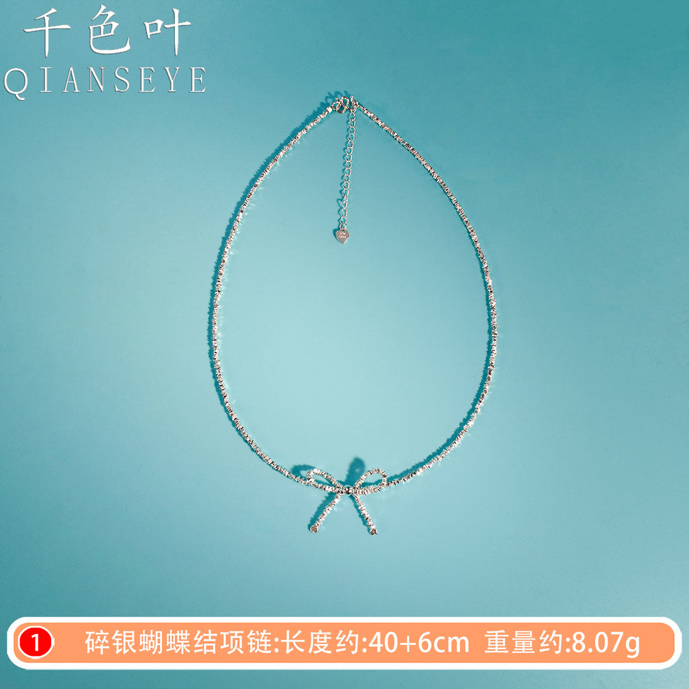 Foot Silver 999 Broken Silver Bow Necklace Korean Niche Design Broken Silver Bow Necklace Clavicle Chain Necklace Chain