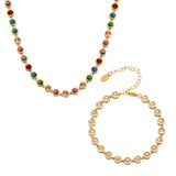 Steel Plated 18K Gold Colorful Round Bead Zircon Necklace Bracelet Super Flash Jewellery Set.