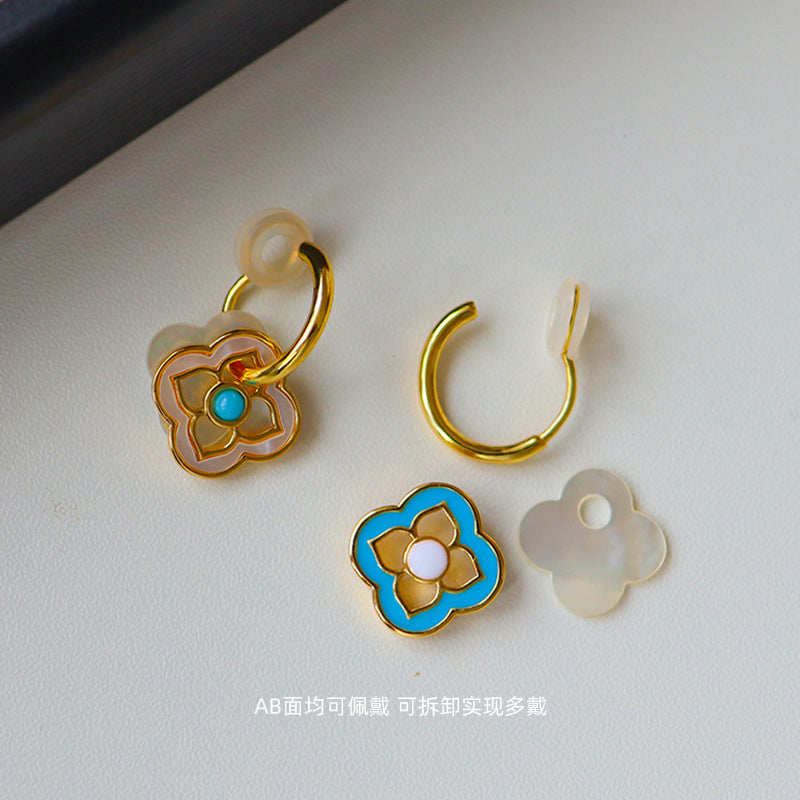 Original New Chinese Style Retro Light Luxury Four-leaf Clover Shell Ear Clip Without Ear Holes Fashionable Simple All-match High-end Earrings