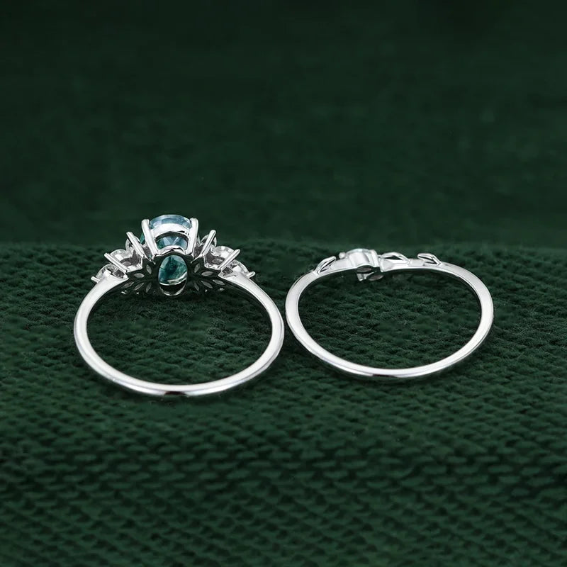 Unique Oval Cut Moss Agate Ring Set 925 Sterling Silver Leaf Branch Rings Handmade Jewellery Gift.