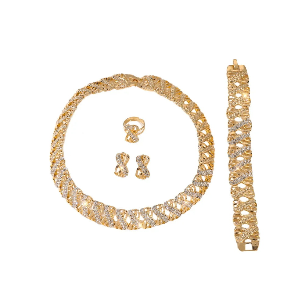 Fashion 18k Gold Plated Jewelry Set Necklace Earrings Rings Jewellery Set.