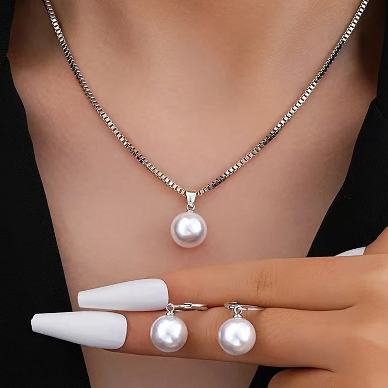 2 Pieces Of Round Pearl Jewelry Set, Earrings, Pendants, Necklaces, Jewelry Set.