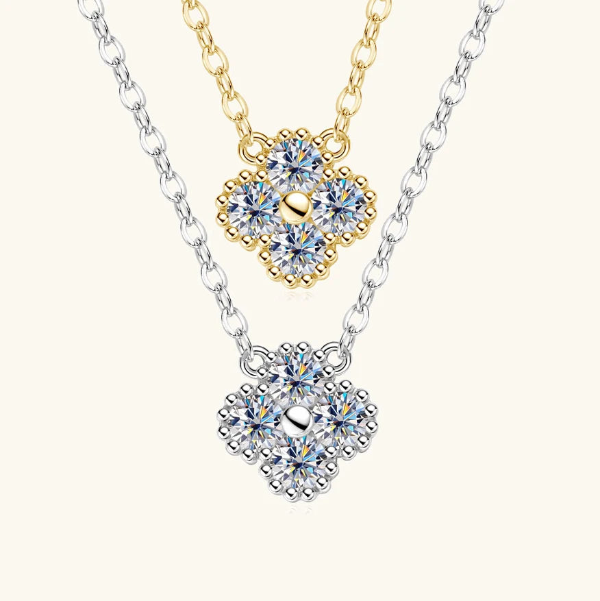 Lnngy 925 Certified Silver Chains Four Leaf Flower 3mm 0.1ct Moissanite Necklace Stud Earring Jewelry Set