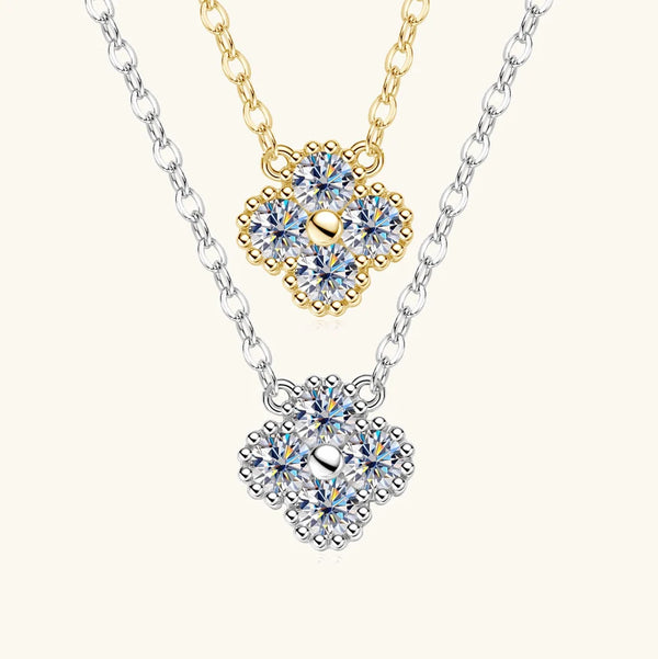 Lnngy 925 Certified Silver Chains Four Leaf Flower 3mm 0.1ct Moissanite Necklace Stud Earring Jewelry Set