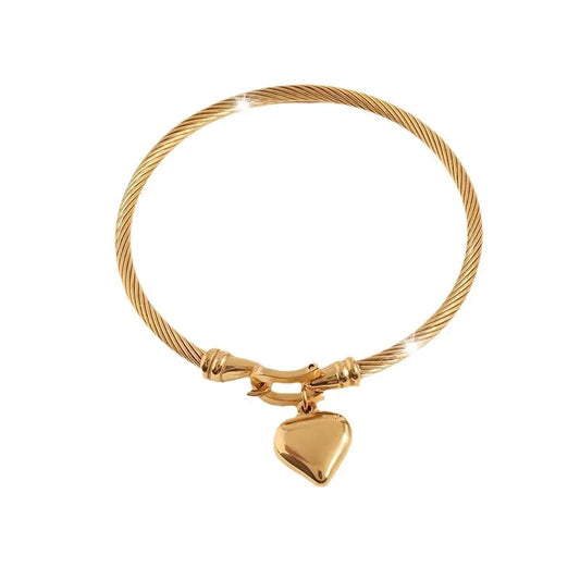 18k Gold Color Stainless Steel Heart Pendant Charm Bangle Bracelets.