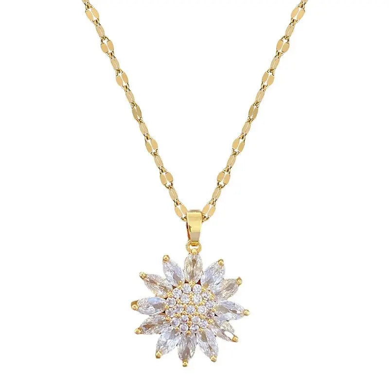 Trendy Rotation Spin Sunflower Stainless Steel Zircon Necklaces