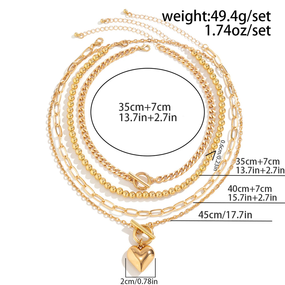 4Pcs/Set Gold Color Heart Pendant Necklace Beaded Chain Jewellery Accessories.