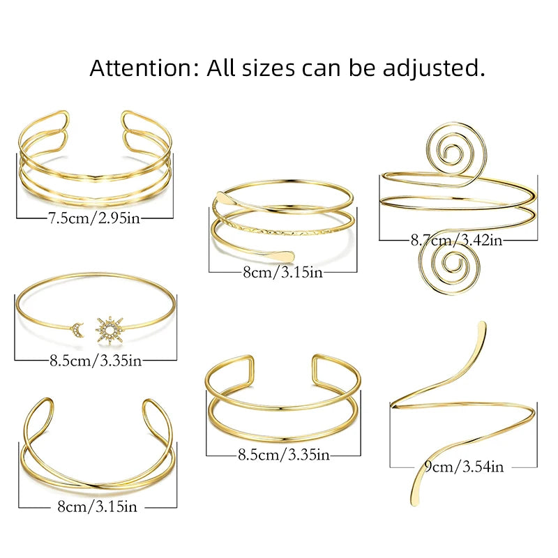 7 Pcs Upper Arm Bracelets Adjustable Gold Color Arm Cuff Bangle Women's Jewelry Gifts.