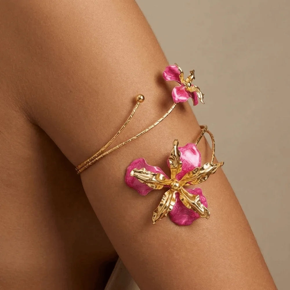 Fairy Enamel Glaze Butterfly Orchid Bracelet Adjustable Floral Open Arm Bangle Cuff Exotic Style Flower Armband Gift