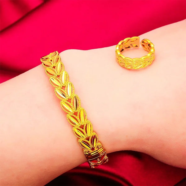 Real Gold 24K Gold Bracelet and Ring Set Leaf Vine Style Gold Jewelry.