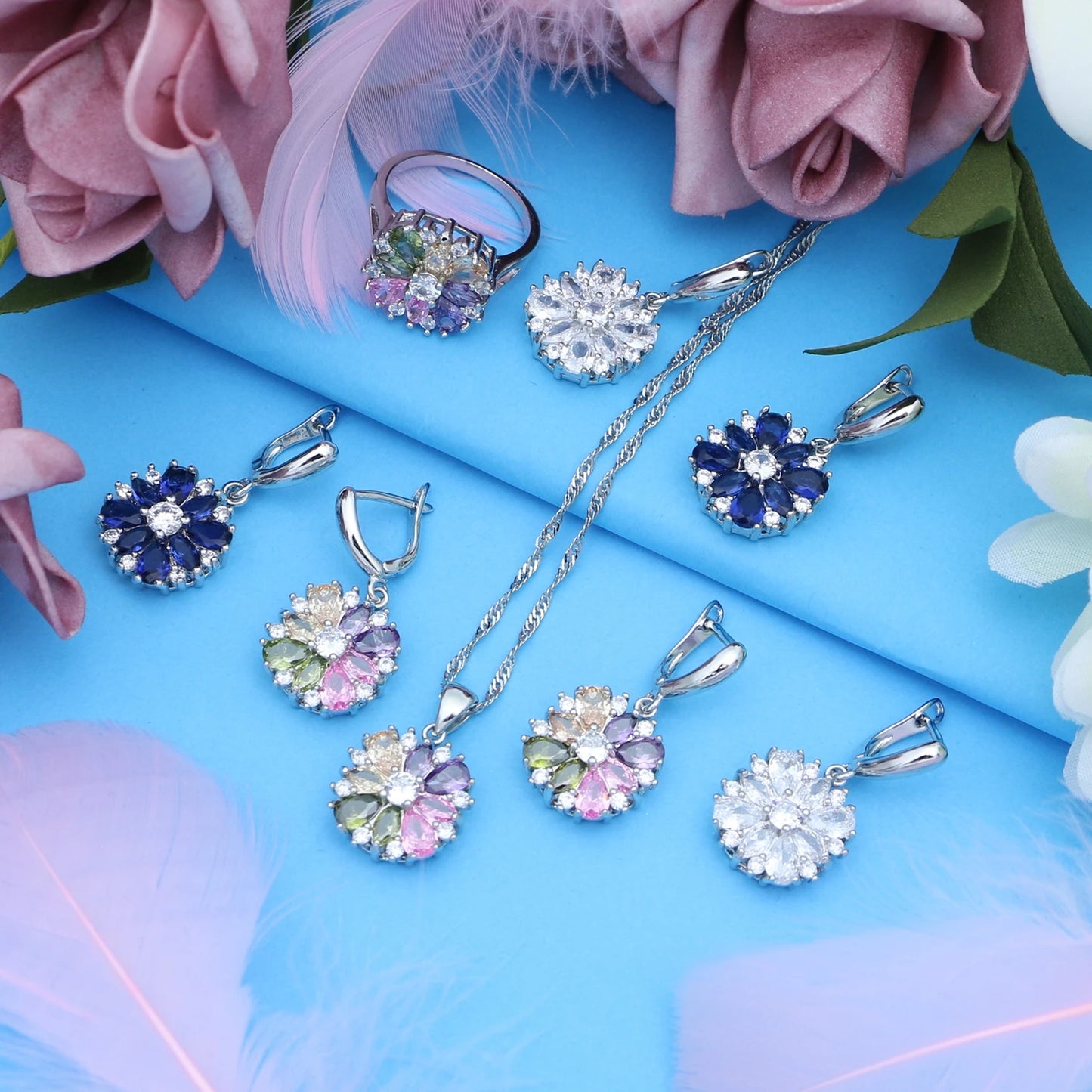 925 Sterling Silver Jewelry Multicolor Stones Cubic Zirconia Jewelry Sets.