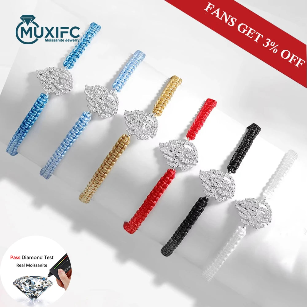 MUXIFC All Moissanite Bracelets Braided-rope Adjustable Hand Chain For Women Men 925 Silver Fashion Flame Bracelet GRA Jewelry