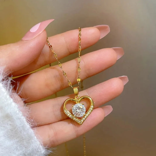 Artificial Gems Heart Pendant Necklace Golden Stainless Steel