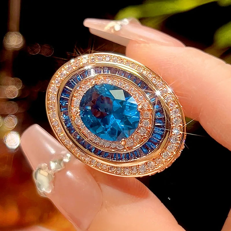 Rose Gold Plated Blue Oval Gemstone Jewelry Adjustable Ring Necklace with Cubic Zirconia Vintage Fashion Gift.