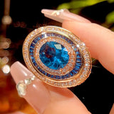 Rose Gold Plated Blue Oval Gemstone Jewelry Adjustable Ring Necklace with Cubic Zirconia Vintage Fashion Gift.