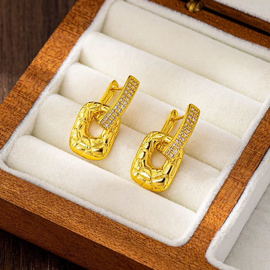 Luxury 24K 9999 Pure Gold real gold Earrings with Diamond Geometric Square Earrings.