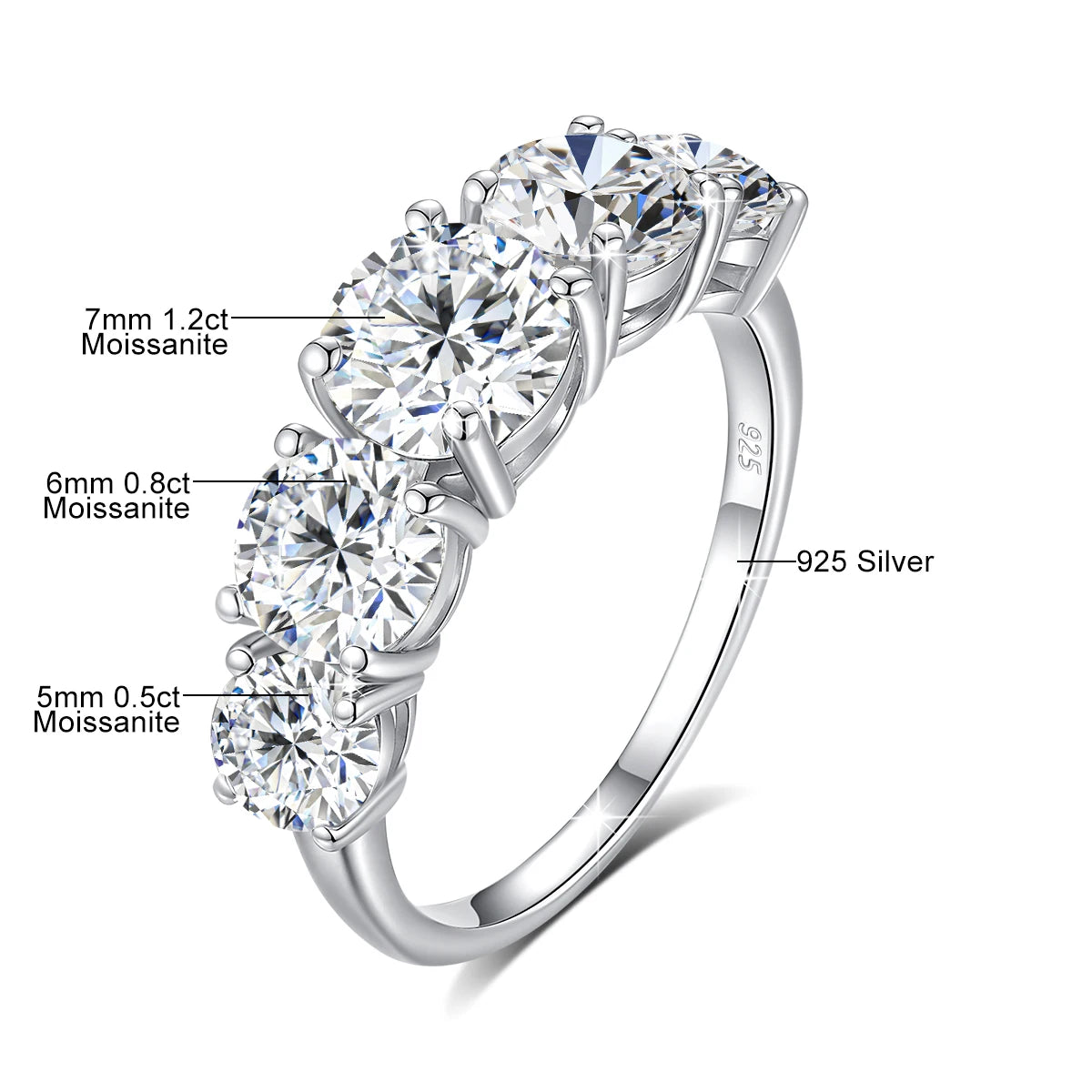 18k Plated 3.8CTW Genuine Moissanite Rings 5 Stones Sparkling 925 Sterling Silver.
