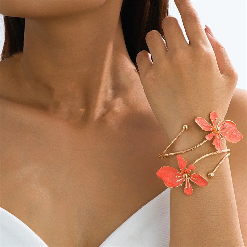 Bohemian Enamel Floral upper arm Bracelet for Women trendy Oil Drip Flower open Cuff Bangle Handmade Party Holiday Jewelry gift