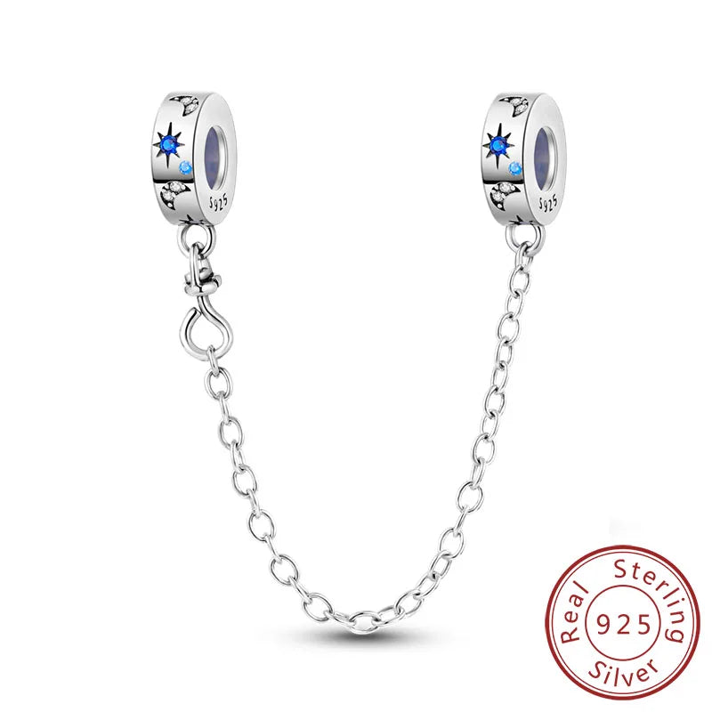 Safety Chain Fit Original 925 Sterling Silver Beads Moon Star Butterfly Heart shaped Jewellery Gift.