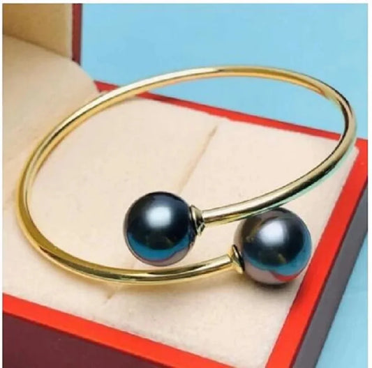 Gorgeous AAAA Giant 11-10mm Natural Tahitian Black Round Pearl Bracelet 14k Gold P, 7.5-8inch