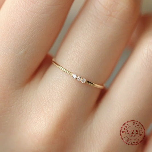  S925 Sterling Silver Plated 14K Gold Sparkling Three Zircon Rings for Women Exquisite Jewellery.