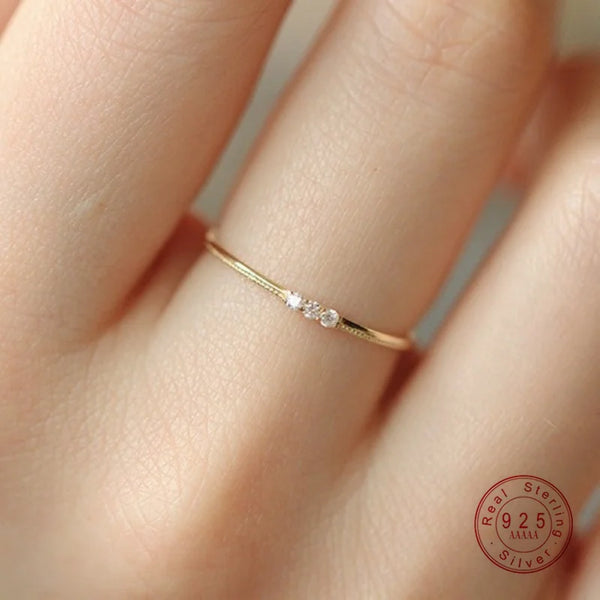  S925 Sterling Silver Plated 14K Gold Sparkling Three Zircon Rings for Women Exquisite Jewellery.