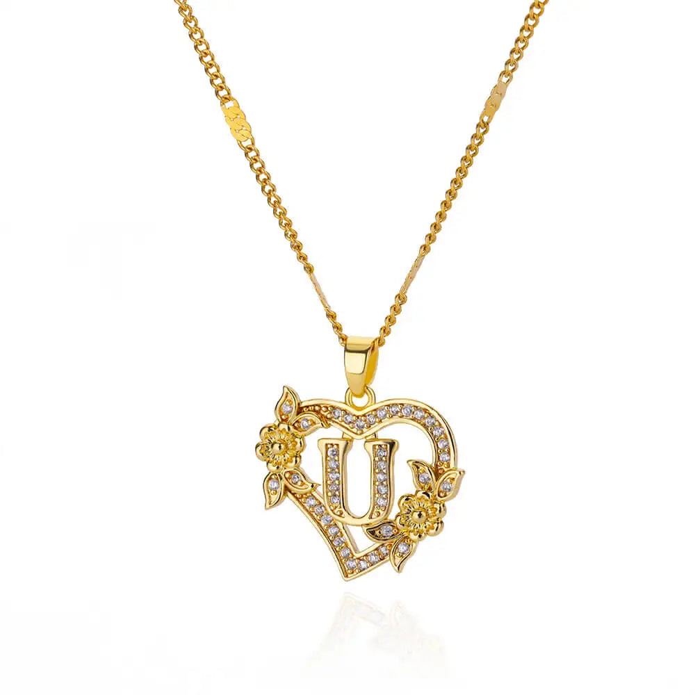 Zircon Flower Heart Initials Necklaces Stainless Steel Heart Letter