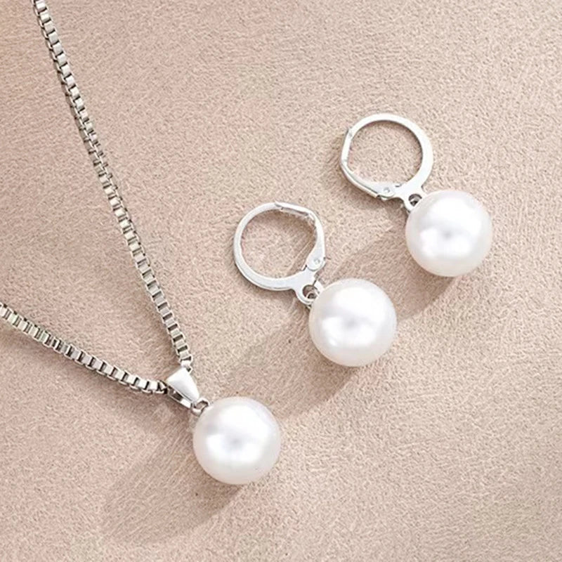 2 Pieces Of Round Pearl Jewelry Set, Earrings, Pendants, Necklaces, Jewelry Set.