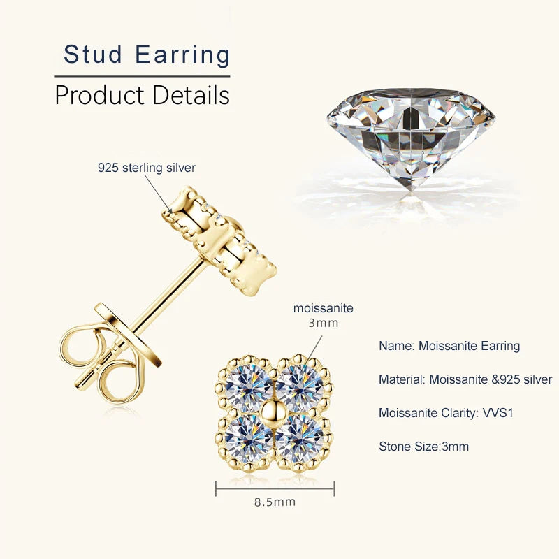 Lnngy 925 Certified Silver Chains Four Leaf Flower 3mm 0.1ct Moissanite Necklace Stud Earring Jewelry Set