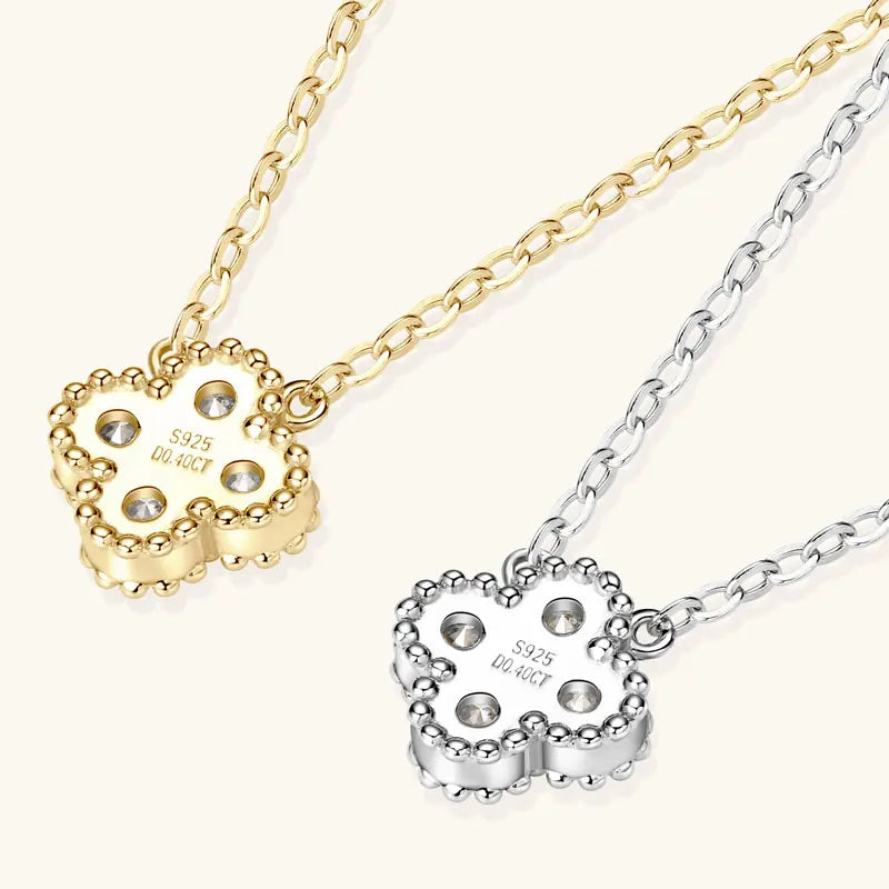 Lnngy 925 Certified Silver Chains Four Leaf Flower 3mm 0.1ct Moissanite Necklace Stud Earring Jewelry Set