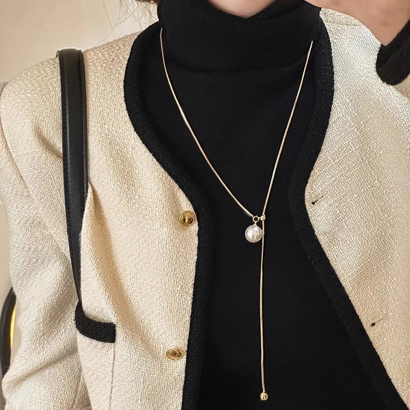 Stainless Steel Long with Pearls Necklace for Women Adjustable Chain Fashion Jewellery.