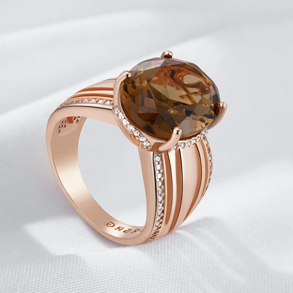 Oval Brown Natural Zircon Ring for Women Unique 585 Rose Gold Color High Quality.