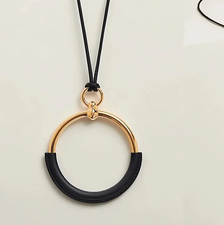 Retro Circle Black Rope Pendant Chain Long Necklace Classic Minimalist Jewellery.