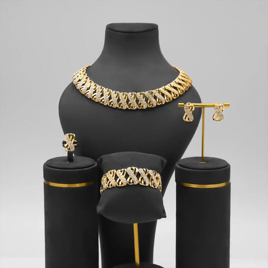 18k Gold Plated Jewelry Set, Necklace Earrings Rings.